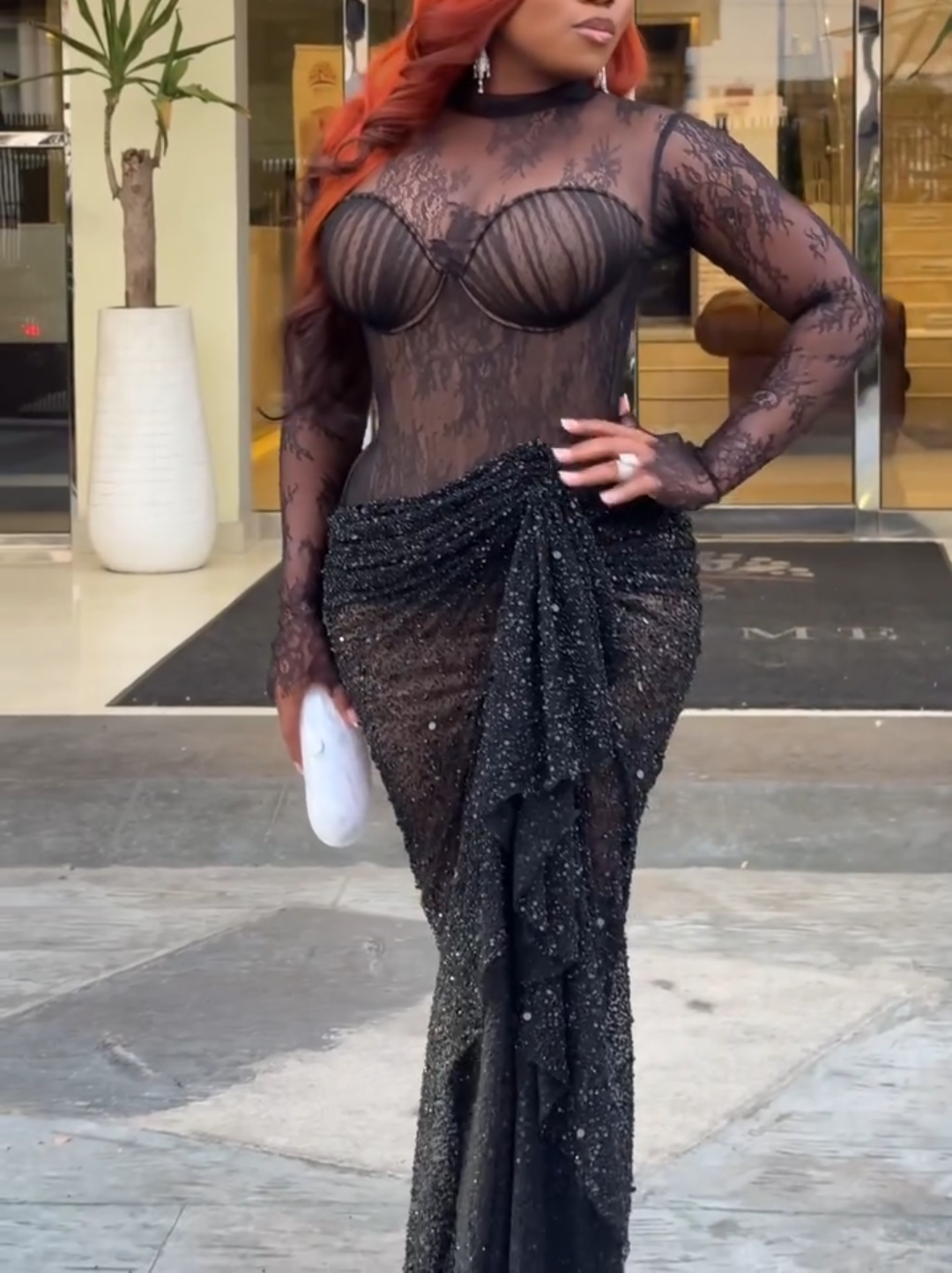 Lace pleated sequined maxi dress