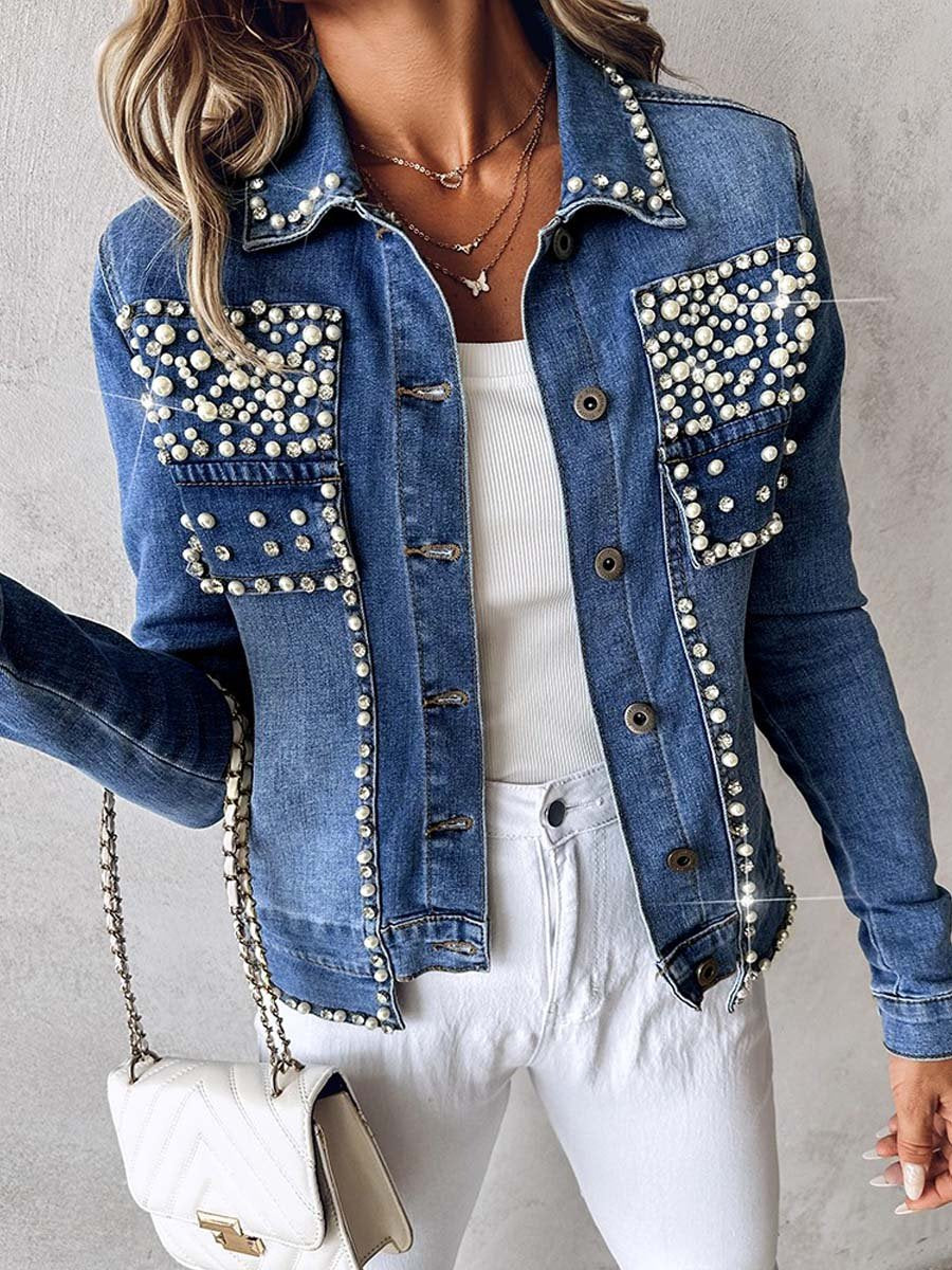 Rhinestone Pearl Decor Denim Jacket