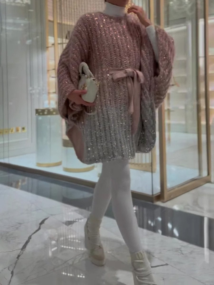 Elegant Gradient Sequin Sweater Cape Coat